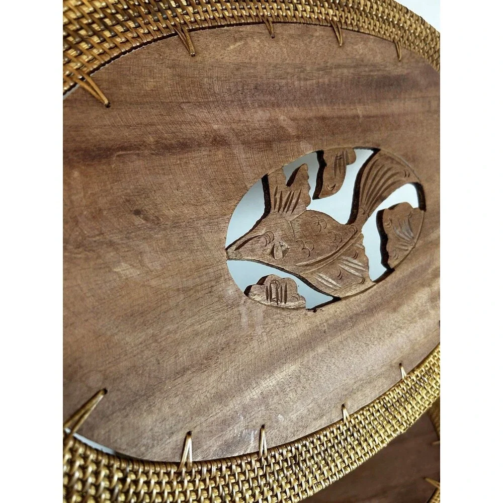 Vintage Hand-Carved Rattan Placemats Set of 6 Fish Floral Bird Boho Decor Brown